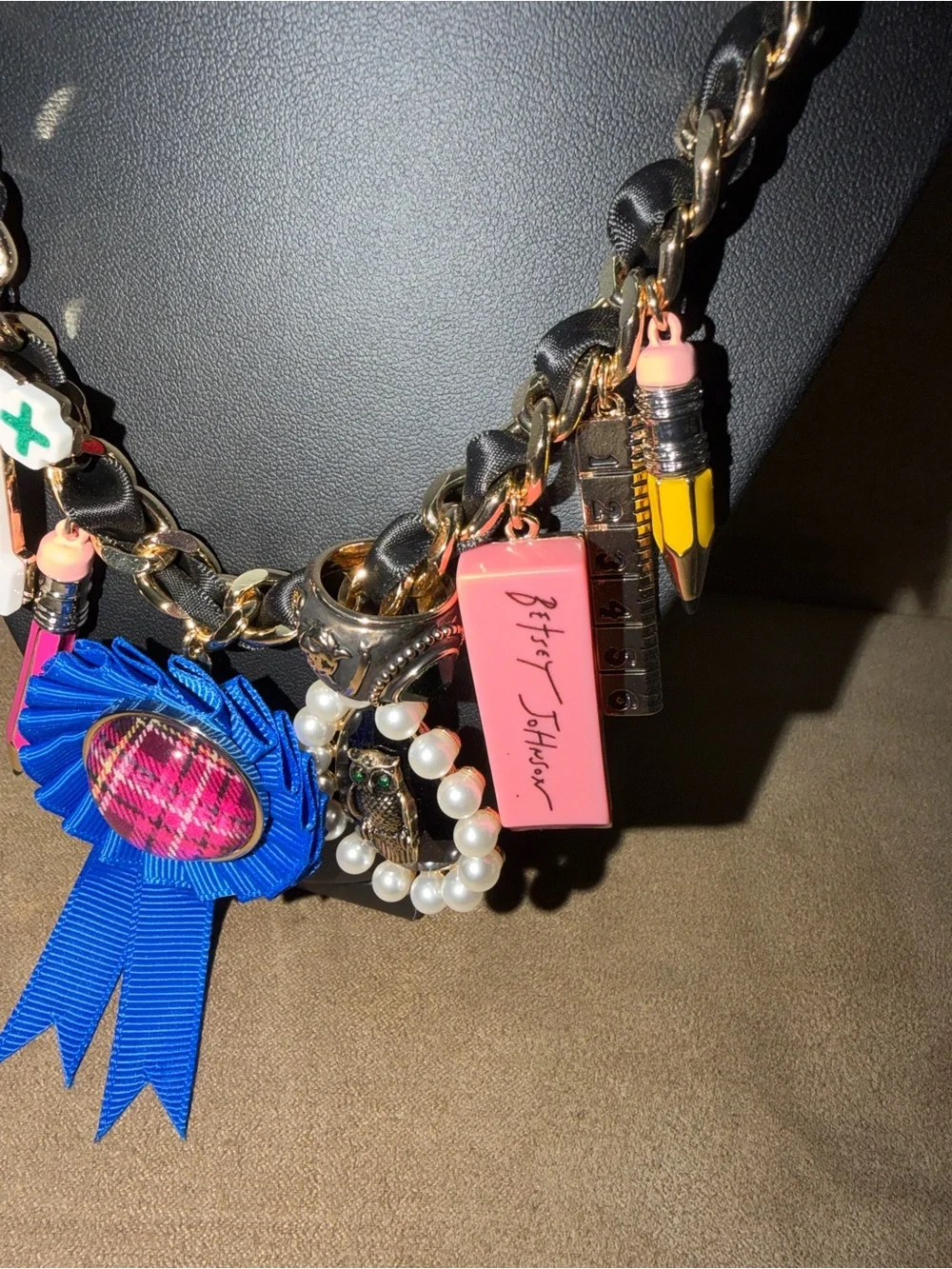 Betsey Johnson Black and Gold Chain Charm Necklace with Multicolor Charms